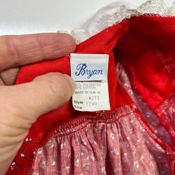 Vintage Bryan Size 12M Frilly Red Dress Lace Green Trim - Picture 2 of 11